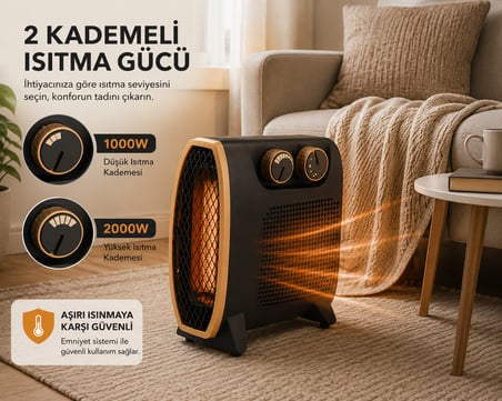 2000W Fanlı Elektrikli Isıtıcı 2 Kademeli 1000W 2000W Ayarlanabilir Termostatlı Kompakt Isıtıcı