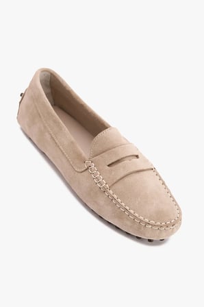 Kadın Bej Deri Süet Loafer Ayakkabı