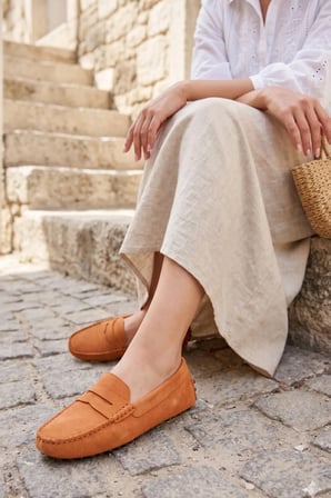 Kadın Loafer Ayakkabı Hakiki Deri Oranj Süet