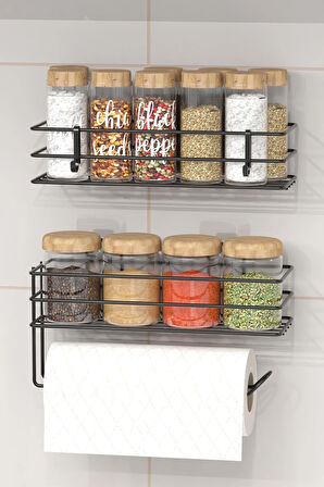 Yapışkanlı Baharatlık 2 Li Metal Kağıt Havluluk Siyah Baharat Standı Mutfak Rafı