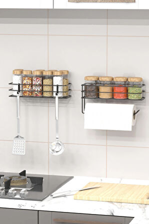 Yapışkanlı Baharatlık 2 Li Metal Kağıt Havluluk Siyah Baharat Standı Mutfak Rafı