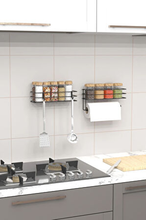 Yapışkanlı Baharatlık 2 Li Metal Kağıt Havluluk Siyah Baharat Standı Mutfak Rafı