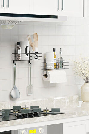 Yapışkanlı Mutfak Rafı 2 li Set Kağıt Havlu Askılı Mutfak Düzenleyici Siyah Organizer