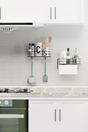 Yapışkanlı Mutfak Rafı 2 li Set Kağıt Havlu Askılı Mutfak Düzenleyici Siyah Organizer