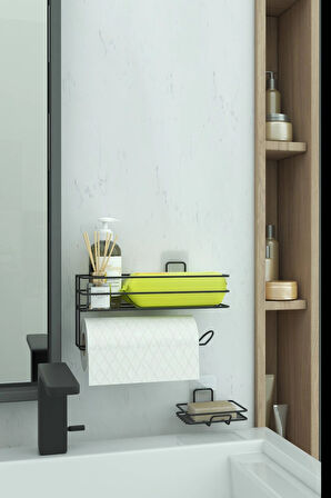 Yapışkanlı Banyo Rafı Kağıt Havlu Tutacağı Ve Metal Sabunluk Set Düzenleyici