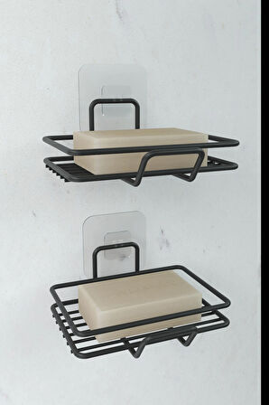 Yapışkanlı 2 li Set Sabunluk Banyo Mutfak Lavabo Metal Katı Sabunluk Siyah