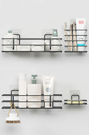 Yapışkanlı Banyo Seti Duş Rafı + Sabunluk + Diş Fırçalık Metal Set