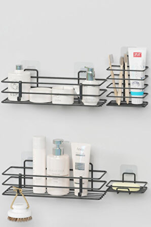 Yapışkanlı Banyo Seti Duş Rafı + Sabunluk + Diş Fırçalık Metal Set