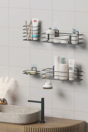 Yapışkanlı Banyo Seti Duş Rafı + Sabunluk + Diş Fırçalık Metal Set