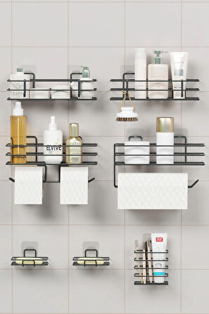 7 Parça Yapışkanlı Full Banyo Seti Duş Rafı Havluluk Tuvalet Kağıtlık Sabunluk Diş Fırçalık
