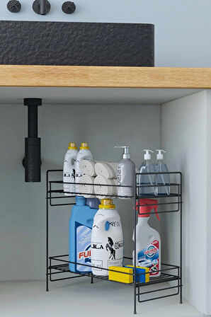 2 Katlı Evye Tezgah Altı Raf Banyo Mutfak Dolabı Çok Amaçlı Düzenleyici Deterjanlık Organizer 20x40