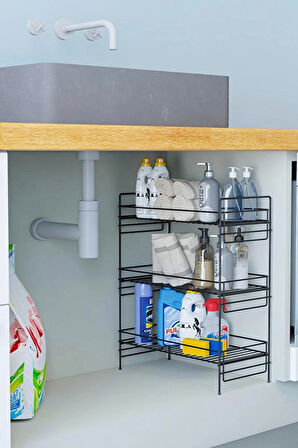  3 Katlı Evye Tezgah Altı Raf Banyo Mutfak Dolabı Çok Amaçlı Düzenleyici Deterjanlık Organizer