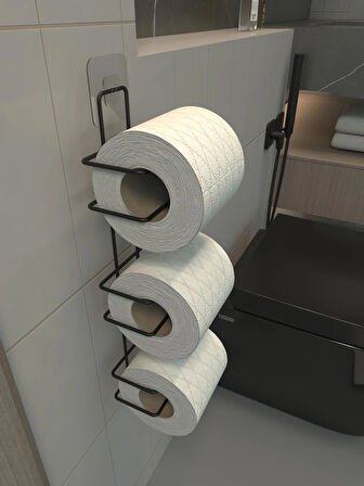 3 Katlıyapışkanlı Tuvalet Kağıtlığı Tutacağı Askısı Mat Siyah Metal Tuvalet Kağıtlık