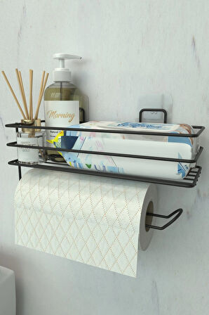 Yapışkanlı Raflı Kağıt Rulo Havluluk Peçetelik Havlu Kağıltlık Siyah Banyo Mutfak Düzenleyici Raf