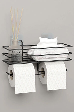 Yapışkanlı Çiftli Tuvalet Kağıtlığı Tutacağı Askısı Mat Siyah Metal Tuvalet Kağıtlık