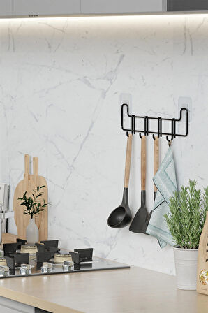 Yapışkanlı Mutfak Askısı Siyah Metal Askılık  Duvar Askı Organizer Tezgah Üstü Düzenleyici