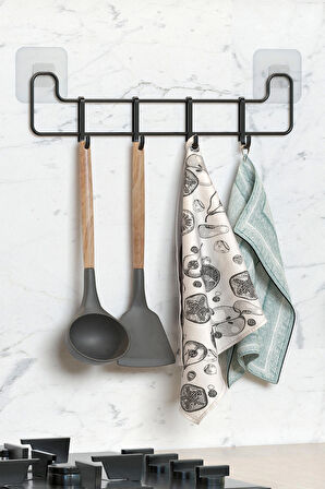 Yapışkanlı Mutfak Askısı Siyah Metal Askılık  Duvar Askı Organizer Tezgah Üstü Düzenleyici