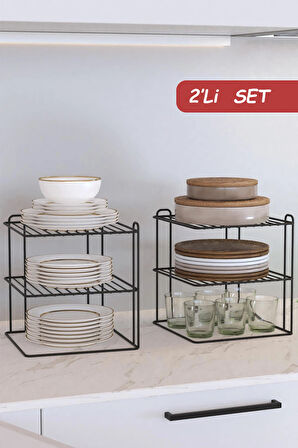 Siyah 2 Adet 3 katlı Tabaklık Dolap Içi Düzenleyici Organizer Tezgah Banyo Tabak Bardak Düzenleme