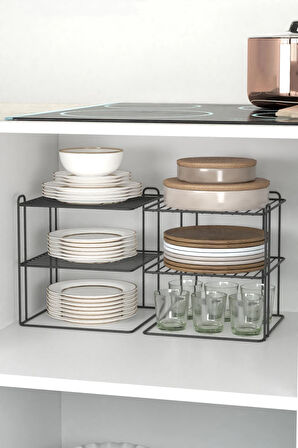 Siyah 2 Adet 3 katlı Tabaklık Dolap Içi Düzenleyici Organizer Tezgah Banyo Tabak Bardak Düzenleme