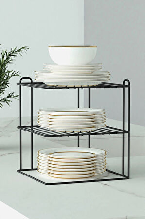 Siyah 2 Adet 3 katlı Tabaklık Dolap Içi Düzenleyici Organizer Tezgah Banyo Tabak Bardak Düzenleme