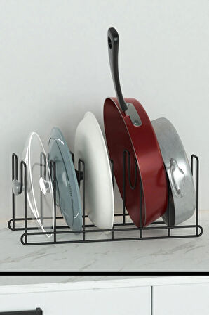 Metal Siyah Renk Tava Ve Tencere Kapağı Düzenleyici Raf Mutfak Dolabı Tel Tencere Tava Organizeri