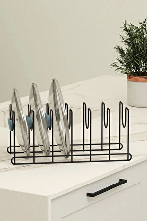 Metal Siyah Renk Tava Ve Tencere Kapağı Düzenleyici Raf Mutfak Dolabı Tel Tencere Tava Organizeri