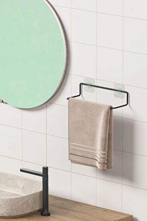 Yapışkanlı Havluluk Siyah Havlu Askısı Metal Havlu tutacağı Banyo Mutfak Havluluğu Minimal Tasarım