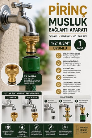Pirinç Musluk Bağlantı Aparatı 1/2" 3/4" Uyumlu Hortum Adaptörü 1 Adet
