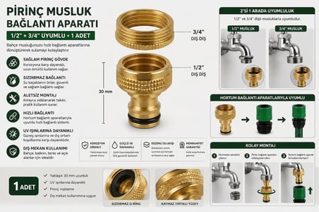 Pirinç Musluk Bağlantı Aparatı 1/2" 3/4" Uyumlu Hortum Adaptörü 1 Adet