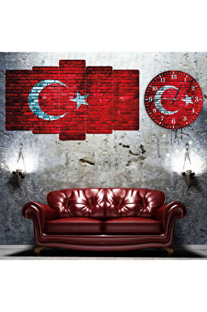 Zevahir 5 Parça Mdf Tuğla Desenli Türk Bayrağı Tablosu Ve Mdf Saat Kombin