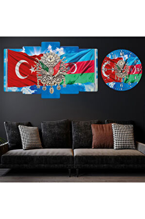 5 Parça Mdf Azerbaycan Kardeşlik Tablo Ve Mdf Saat Kombin