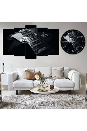 5 Parça Mdf Siyah Gitar Tablo ve Mdf Saat Kombin