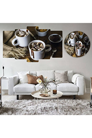 5 Parça Mdf Kahve Fincanı Tablo Ve Mdf Saat Kombin