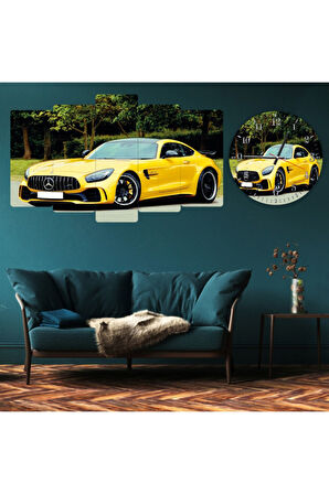 5 Parça Mdf Sarı Mercedes Spor Araba Tablo Ve Mdf Saat Kombin