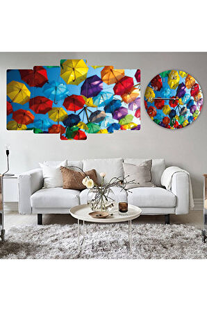 5 Parça Mdf Renkli Şemsiyeler Tablo ve Mdf Saat Kombin
