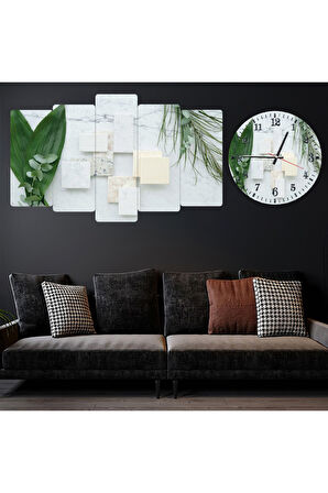 Zevahir 5 Parça Mdf Yeşil Yaprak Tablo Ve Mdf Saat Kombin