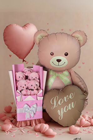 Kalpli Balonlu Ayıcık ile Pembe Peluş Ayıcık Buketi – Özel Hediye Seti