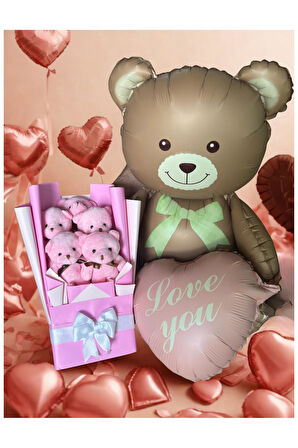 Kalpli Balonlu Ayıcık ile Pembe Peluş Ayıcık Buketi – Özel Hediye Seti