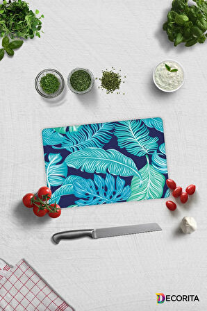 Cam Kesme Tahtası - Cam Kesme Tablası | Mavi Tropik Yapraklar | 20cm x 30cm