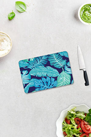 Cam Kesme Tahtası - Cam Kesme Tablası | Mavi Tropik Yapraklar | 20cm x 30cm