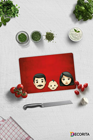 Cam Kesme Tahtası - Cam Kesme Tablası | Emoji Ailesi Anne & Baba & Çocuk | 20cm x 30cm