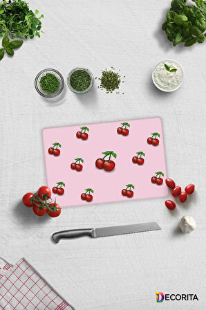 Cam Kesme Tahtası - Cam Kesme Tablası | Pembe Dokulu Kiraz Desenli | 20cm x 30cm