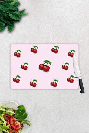 Cam Kesme Tahtası - Cam Kesme Tablası | Pembe Dokulu Kiraz Desenli | 20cm x 30cm