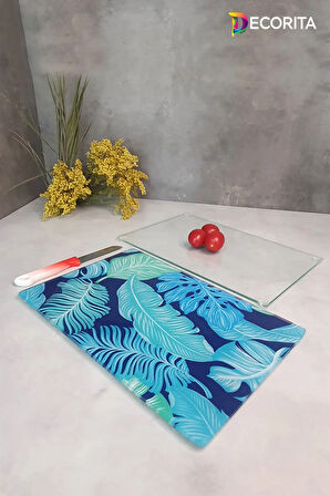 Cam Kesme Tahtası - Cam Kesme Tablası | 2'li Takım | Mavi Tropik Yapraklar ve Saydam | 20cm x 30cm