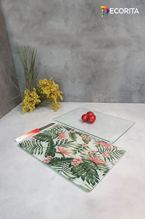 Cam Kesme Tahtası - Cam Kesme Tablası | 2'li Takım | Botanik Desen ve Saydam | 20cm x 30cm