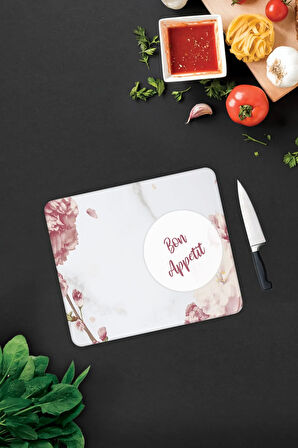 Cam Kesme Tahtası - Cam Kesme Tablası | Bon Appetit - Pudra Pembe Çiçekler | 29cm x 34cm