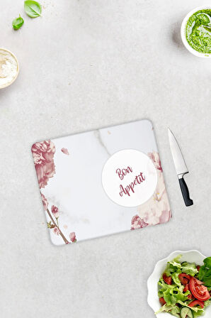 Cam Kesme Tahtası - Cam Kesme Tablası | Bon Appetit - Pudra Pembe Çiçekler | 29cm x 34cm