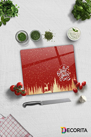 Cam Kesme Tahtası - Cam Kesme Tablası | Happy New Year Kırmızı Silüet | 29cm x 34cm