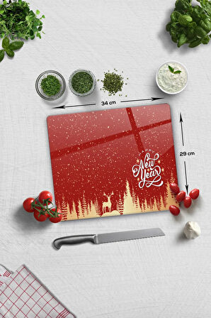 Cam Kesme Tahtası - Cam Kesme Tablası | Happy New Year Kırmızı Silüet | 29cm x 34cm
