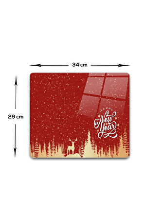 Cam Kesme Tahtası - Cam Kesme Tablası | Happy New Year Kırmızı Silüet | 29cm x 34cm
